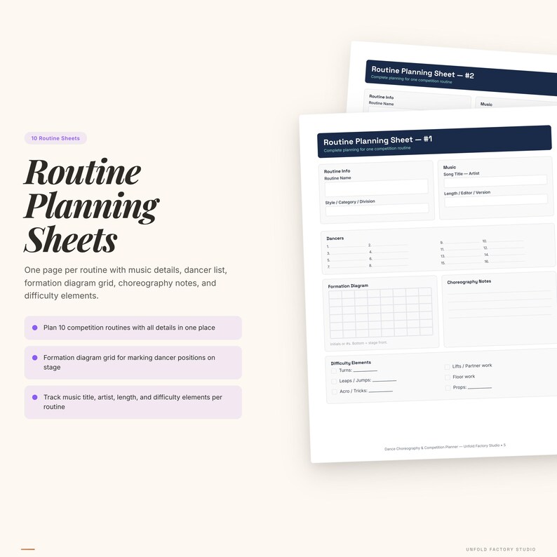 Op de afbeelding: Witte Routine Planning Sheets met zwarte tekst. De vellen bevatten secties voor routine-info, muziekdetails, danserlijsten, formatiediagrammen en choreografienotities. De tekst op de vellen luidt "Routine Planning Sheets".