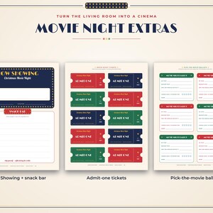 May include: A printable set titled Movie Night Extras featuring a Now Showing sign with a snack bar list, ten Admit One tickets in red, green, and blue, and six Pick-the-movie ballots with fields for movie titles and ratings.