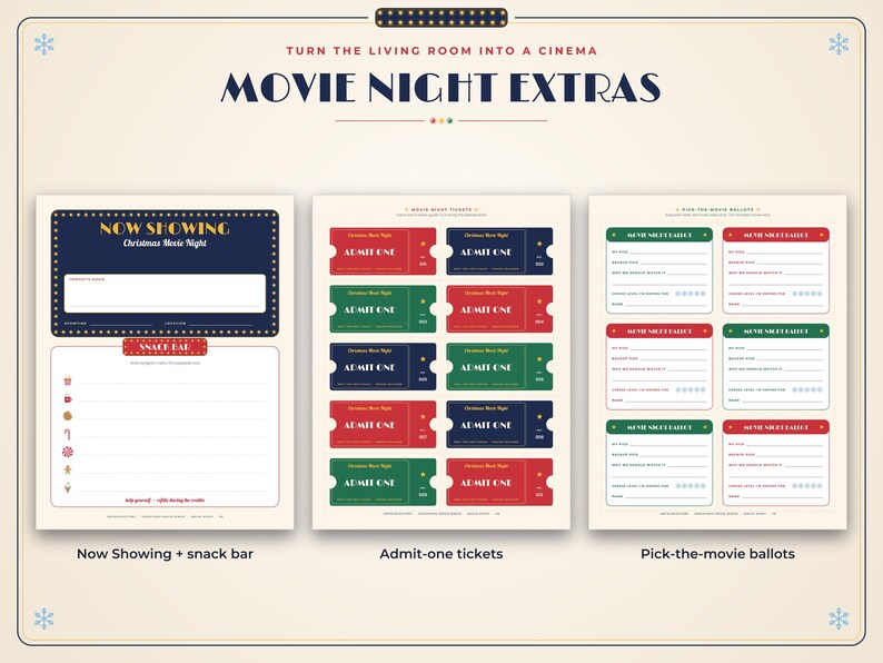 May include: A printable set titled Movie Night Extras featuring a Now Showing sign with a snack bar list, ten Admit One tickets in red, green, and blue, and six Pick-the-movie ballots with fields for movie titles and ratings.