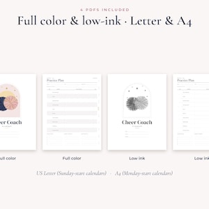 Op de afbeelding: Een digitale planner-set genaamd Cheer Coach Planner, met vier PDF-versies in full colour en inktbesparende opties voor US Letter en A4-formaten. De ontwerpen bevatten boogvormige afbeeldingen met pompons en sjablonen voor trainingsschema's.