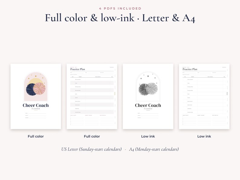 Op de afbeelding: Een digitale planner-set genaamd Cheer Coach Planner, met vier PDF-versies in full colour en inktbesparende opties voor US Letter en A4-formaten. De ontwerpen bevatten boogvormige afbeeldingen met pompons en sjablonen voor trainingsschema's.