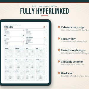 Pode incluir: Um tablet digital exibindo um planejador de fitness com uma p&aacute;gina de conte&uacute;do e um calend&aacute;rio de doze meses. A tela apresenta texto incluindo "FULLY HYPERLINKED," "CONTENTS" e "USE IT ON YOUR TABLET," junto com &iacute;cones para abas e compatibilidade.