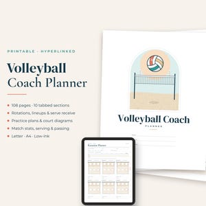 K&ouml;nnte beinhalten: Ein digitaler Volleyball-Trainerplaner mit einem Stapel druckbarer Seiten und einem Tablet-Display. Das Deckblatt zeigt eine Illustration eines Volleyballnetzes und Balls mit dem Text Volleyball Coach Planner. Enth&auml;lt Abschnitte f&uuml;r Rotationen und Aufstellungen.