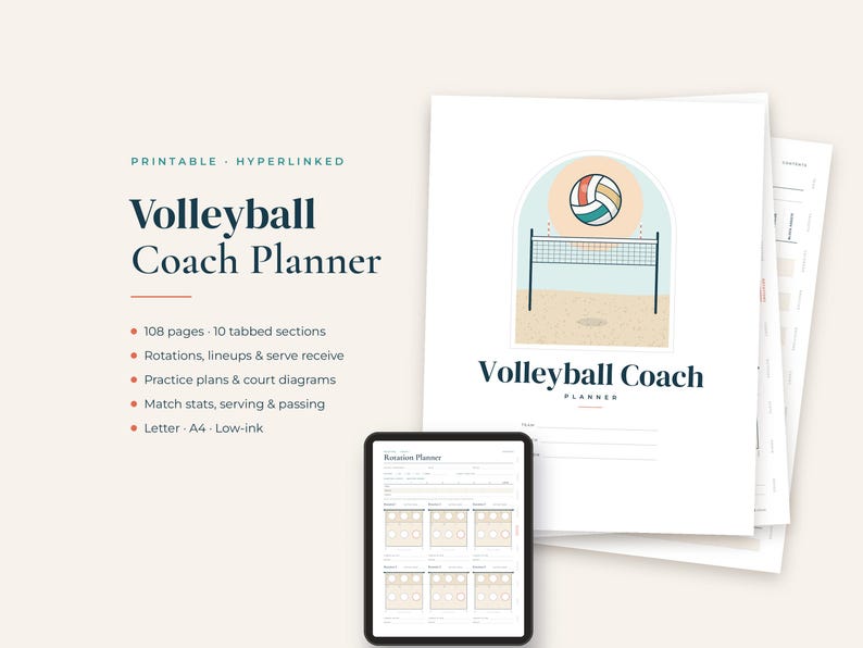 K&ouml;nnte beinhalten: Ein digitaler Volleyball-Trainerplaner mit einem Stapel druckbarer Seiten und einem Tablet-Display. Das Deckblatt zeigt eine Illustration eines Volleyballnetzes und Balls mit dem Text Volleyball Coach Planner. Enth&auml;lt Abschnitte f&uuml;r Rotationen und Aufstellungen.