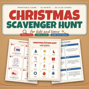 May include: A printable Christmas scavenger hunt game featuring 10 hunts and 36 clue cards. The set includes three sheets with text and icons for kids and teens, labeled for ages 3 to 6, 6 to 10, and 10 to adult, with a Christmas picture hunt list.