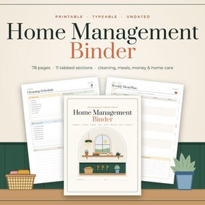 Puede incluir: Un organizador del hogar imprimible y editable de 78 p&aacute;ginas con 11 secciones con pesta&ntilde;as. La portada muestra una ilustraci&oacute;n de una ventana, estante con plantas y llaves. Incluye p&aacute;ginas para un horario de limpieza y un plan de comidas.