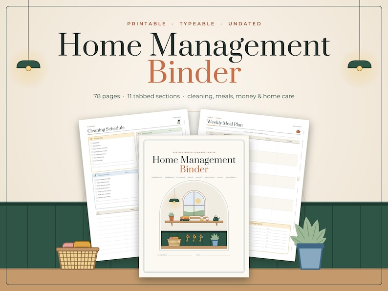 Puede incluir: Un organizador del hogar imprimible y editable de 78 p&aacute;ginas con 11 secciones con pesta&ntilde;as. La portada muestra una ilustraci&oacute;n de una ventana, estante con plantas y llaves. Incluye p&aacute;ginas para un horario de limpieza y un plan de comidas.