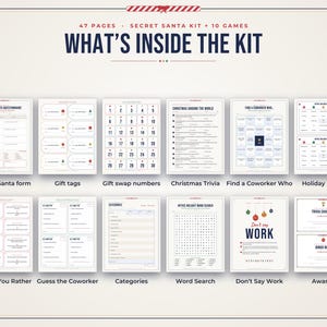 Puede incluir: Un kit de Secret Santa de 47 p&aacute;ginas con 10 juegos, que incluye un cuestionario, etiquetas de regalo, n&uacute;meros para intercambio, trivia navide&ntilde;a, Find a Coworker Who, Holiday Bingo, Would You Rather, Guess the Coworker, categor&iacute;as, sopa de letras, Don't Say Work y premios.
