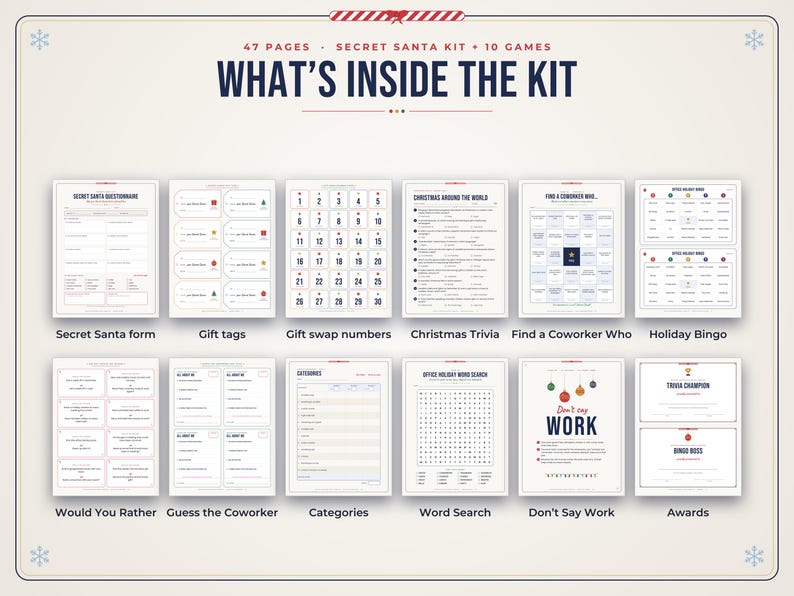 Puede incluir: Un kit de Secret Santa de 47 p&aacute;ginas con 10 juegos, que incluye un cuestionario, etiquetas de regalo, n&uacute;meros para intercambio, trivia navide&ntilde;a, Find a Coworker Who, Holiday Bingo, Would You Rather, Guess the Coworker, categor&iacute;as, sopa de letras, Don't Say Work y premios.