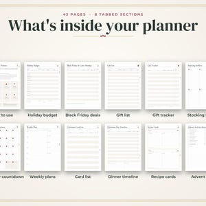 Może przedstawiać: Układ cyfrowego planera zawierający 43 strony i 8 sekcji z zakładkami. Tekst brzmi What's inside your planner, z tytułami stron takimi jak How to Use This Planner, Holiday Budget, Black Friday & Cyber Monday, Gift List, Gift Tracker, Stocking Stuffers, December Countdown, Weekly Plan, Christmas Card List, Christmas Day Timeline, Recipe Cards oraz Advent Activity Ideas.