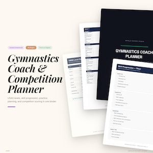 Puede incluir: Un planificador de entrenamiento y competición de gimnasia con una cubierta negra y páginas blancas. La portada dice "Gymnastics Coach Planner" y las páginas incluyen la progresión de habilidades e información de nivel USAG. El planificador está diseñado para la planificación de la práctica y la puntuación de la competición.