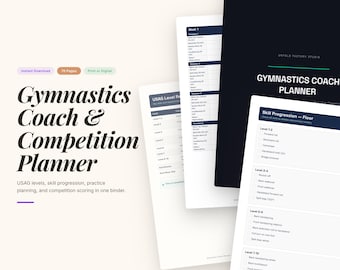 Gymnastiek coach planner afdrukbare | USAG-niveautracker | Wedstrijdorganisator | Vaardigheidsvoortgang | Pdf-bestand sportschoolmap downloaden