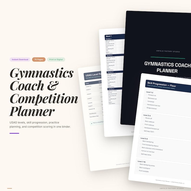May include: A gymnastics coach and competition planner with a black cover and white pages. The cover reads "Gymnastics Coach Planner" and the pages include skill progression and USAG level information. The planner is designed for practice planning and competition scoring.