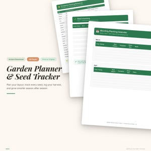 May include: A garden planner and seed tracker with a white background. The planner includes a companion planting reference, seed inventory, and monthly planting calendar. The text "Garden Planner & Seed Tracker" is displayed in a stylish font. The planner is available as an instant download with 49 pages.