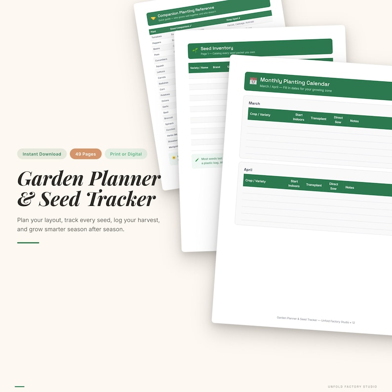 May include: A garden planner and seed tracker with a white background. The planner includes a companion planting reference, seed inventory, and monthly planting calendar. The text "Garden Planner & Seed Tracker" is displayed in a stylish font. The planner is available as an instant download with 49 pages.