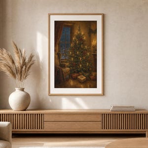 May include: A framed vertical wall art print depicting a cozy indoor scene with a glowing Christmas tree, wrapped gifts, and a window view of a snowy night. The artwork features warm golden lights, deep shadows, and a classic holiday atmosphere.