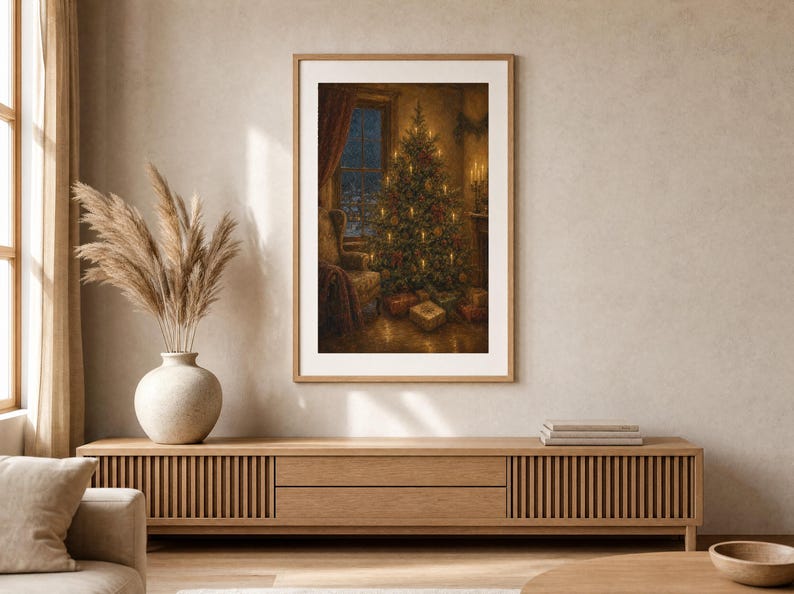 May include: A framed vertical wall art print depicting a cozy indoor scene with a glowing Christmas tree, wrapped gifts, and a window view of a snowy night. The artwork features warm golden lights, deep shadows, and a classic holiday atmosphere.