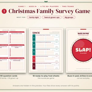 May include: A Christmas Family Survey Game set featuring 90 question cards, 18 host sheets, and a buzz-in pad. The game includes five rounds per game, with cards for family and grown-ups, and a red circular buzz-in pad labeled SLAP!.