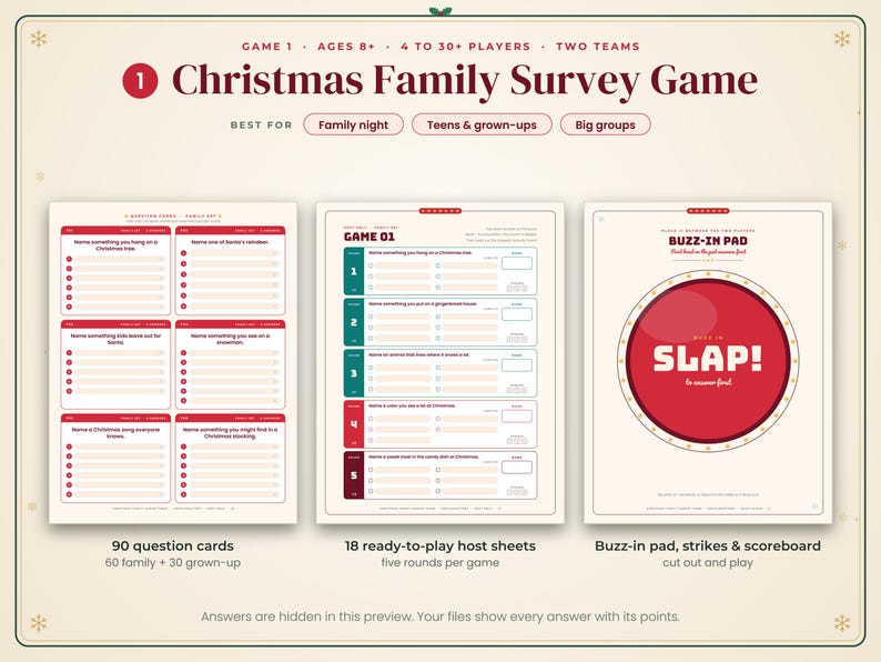 May include: A Christmas Family Survey Game set featuring 90 question cards, 18 host sheets, and a buzz-in pad. The game includes five rounds per game, with cards for family and grown-ups, and a red circular buzz-in pad labeled SLAP!.