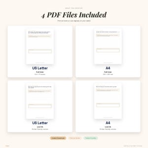 May include: A digital download graphic with the text "4 PDF Files Included." The image shows four white rectangular templates with prompts, including US Letter and A4 sizes, in full color and low ink versions. The US Letter size is 8.5 x 11 inches.