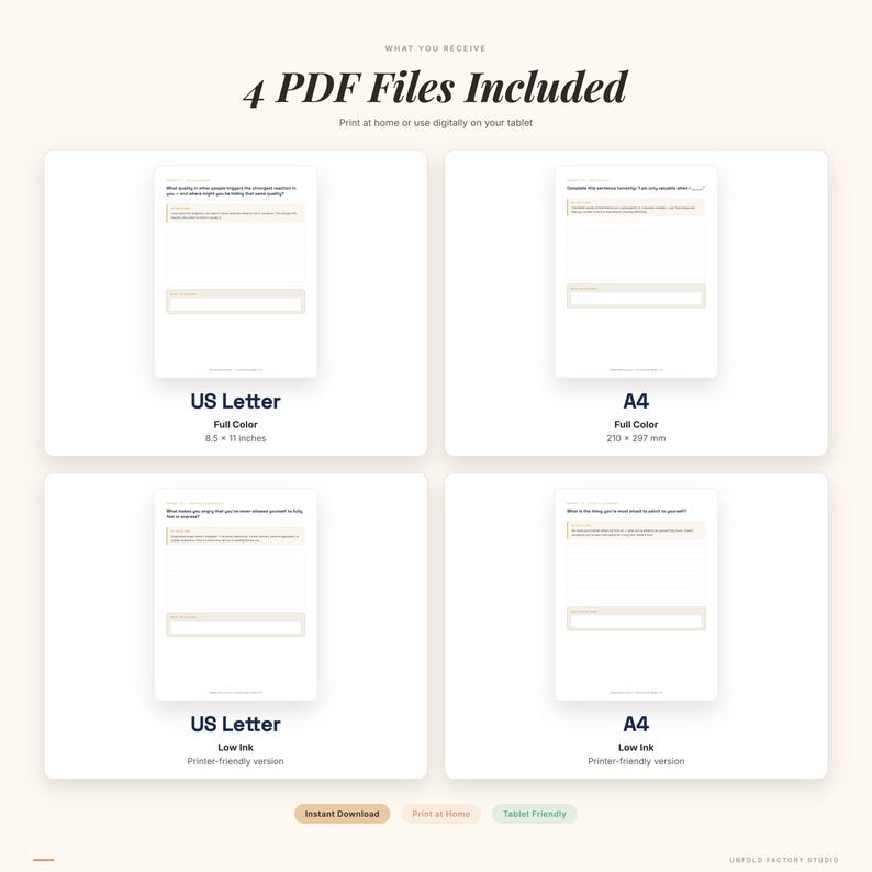 May include: A digital download graphic with the text "4 PDF Files Included." The image shows four white rectangular templates with prompts, including US Letter and A4 sizes, in full color and low ink versions. The US Letter size is 8.5 x 11 inches.