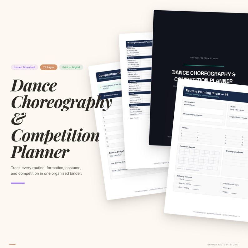 Op de afbeelding: Een danschoreografie- en competitieplanner met een zwarte omslag en witte pagina's. Op de omslag staat "Dance Choreography & Competition Planner". De planner bevat secties voor routineplanning, competitiedetails en seizoensbudgetten. De tekst "Instant Download" en "73 Pages" zijn ook zichtbaar.