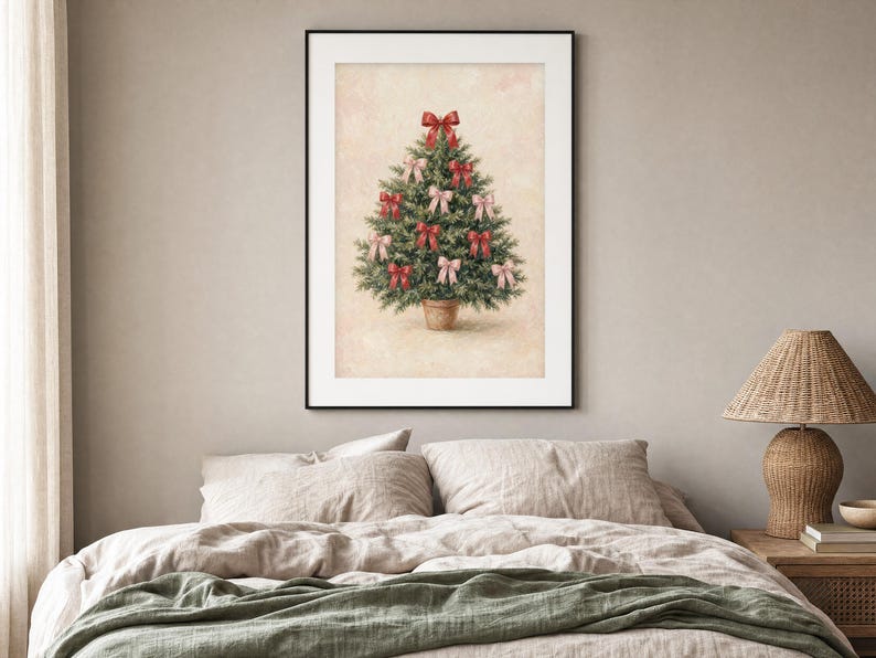 May include: A framed wall art print featuring a green Christmas tree in a terracotta pot, decorated with multiple red and light pink bows. The tree is centered against a textured, light beige background within a simple black frame.