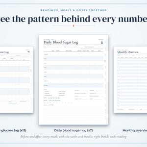 May include: A set of printable health tracking sheets including a Weekly Glucose Log, a Daily Blood Sugar Log, and a Monthly Overview. The pages feature grids for recording readings, meals, and doses with the text "See the pattern behind every number."