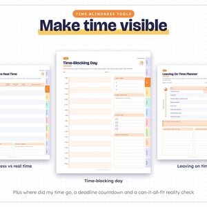 May include: Three digital planner pages titled Time Guess vs Real Time, Time-Blocking Day, and Leaving On Time Planner. The pages feature orange and white layouts with hourly schedules, task lists, and sections for notes and planning.
