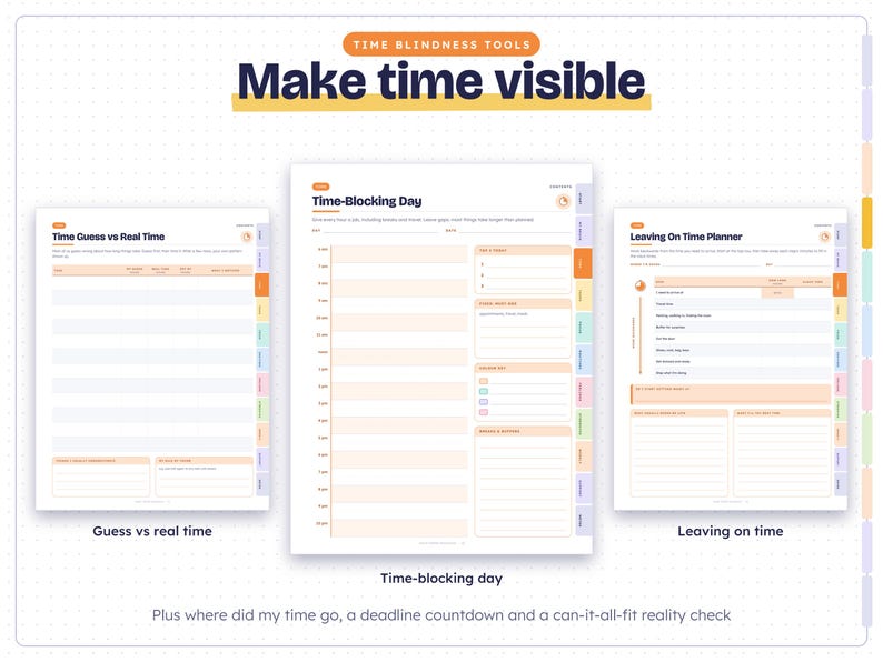 May include: Three digital planner pages titled Time Guess vs Real Time, Time-Blocking Day, and Leaving On Time Planner. The pages feature orange and white layouts with hourly schedules, task lists, and sections for notes and planning.