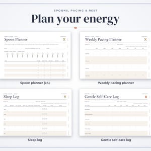 May include: A digital planner set titled Plan your energy, featuring four distinct templates: Spoon Planner with spoon icons, Weekly Pacing Planner, Sleep Log, and Gentle Self-Care Log. Each page includes structured fields for tracking daily activities.