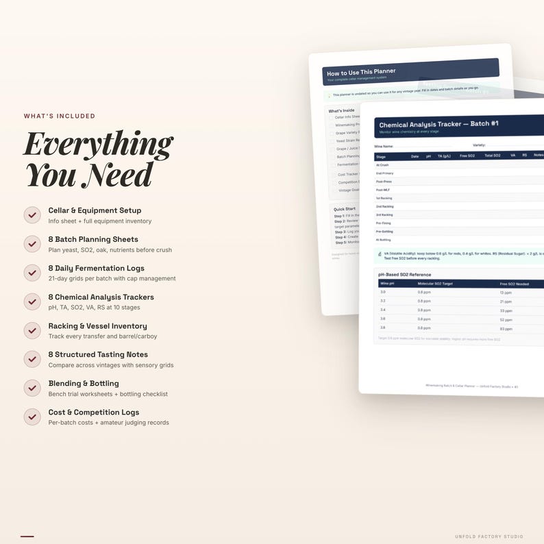 May include: A white planner with the text "Everything You Need" and a list of included items. The list includes cellar setup, batch planning sheets, fermentation logs, chemical analysis trackers, and more. A second planner is visible.