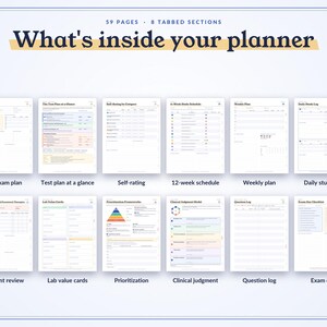 May include: A digital planner layout featuring 59 pages and 8 tabbed sections. The text reads What's inside your planner, My exam plan, Test plan at a glance, Self-rating, 12-week schedule, Weekly plan, Daily study log, Content review, Lab value cards, Prioritization, Clinical judgment, Question log, and Exam day.