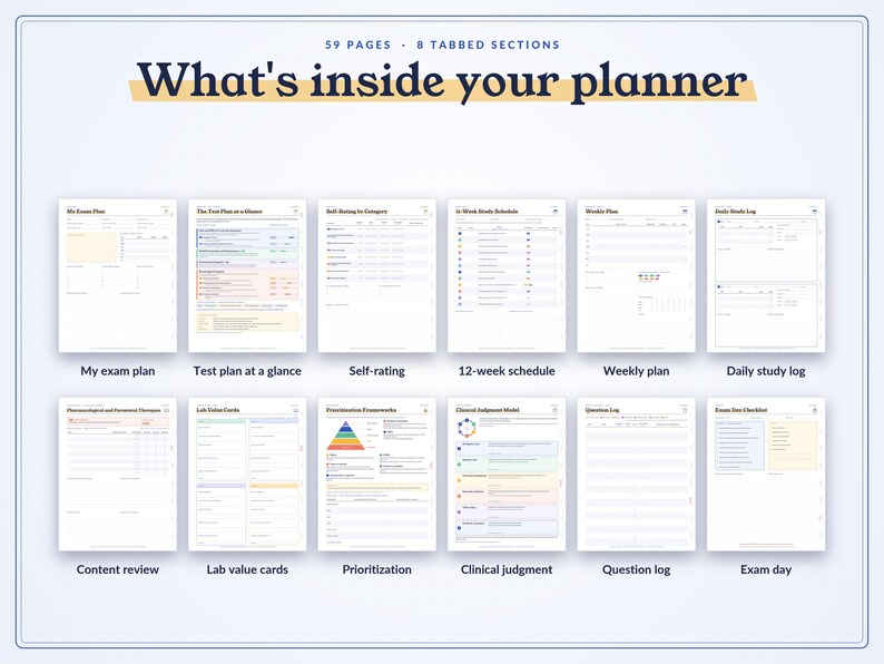 May include: A digital planner layout featuring 59 pages and 8 tabbed sections. The text reads What's inside your planner, My exam plan, Test plan at a glance, Self-rating, 12-week schedule, Weekly plan, Daily study log, Content review, Lab value cards, Prioritization, Clinical judgment, Question log, and Exam day.