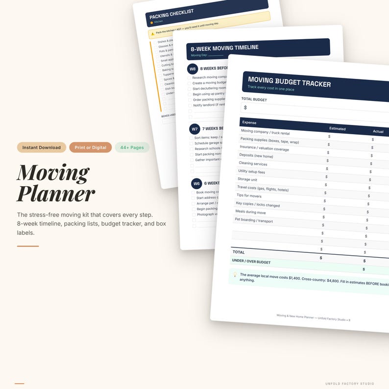 Moving Planner Bundle | 44-Page Checklist, Budget Tracker, Box Labels (PDF) image 1
