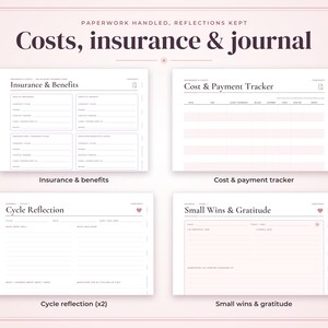 May include: A digital planner set titled Costs, insurance & journal featuring four templates: Insurance & Benefits, Cost & Payment Tracker, Cycle Reflection, and Small Wins & Gratitude. The pages are white with dark text and light pink accents.