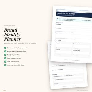 May include: A Brand Identity Planner with a white background. The planner includes sections for business name, tagline, mission, color swatches, typography, brand voice, story prompts, and logo notes. The text "Brand Identity Planner" is in large, bold letters.