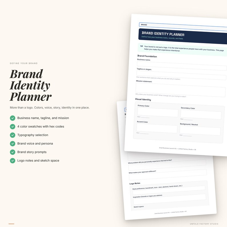 May include: A Brand Identity Planner with a white background. The planner includes sections for business name, tagline, mission, color swatches, typography, brand voice, story prompts, and logo notes. The text "Brand Identity Planner" is in large, bold letters.
