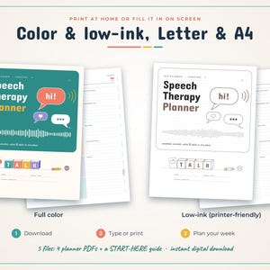 May include: A digital Speech Therapy Planner available in full colour and low-ink versions. The cover features the text Speech Therapy Planner, speech bubbles with hi, and alphabet blocks spelling TALK. Includes Letter and A4 size options.