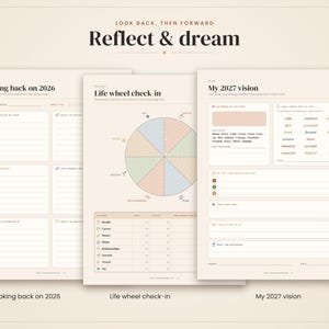 May include: Three cream-colored planner pages titled Reflect & dream, Looking back on 2026, Life wheel check-in, and My 2027 vision. The pages feature structured sections for reflection, a colorful circular life wheel diagram, and goal-setting prompts.