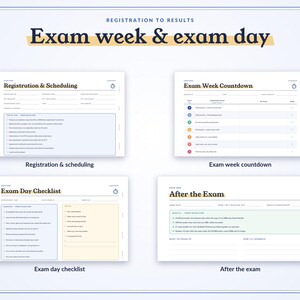 May include: A digital planner set titled Registration to Results featuring four pages: Registration & Scheduling, Exam Week Countdown, Exam Day Checklist, and After the Exam. Each page includes organized sections, checkboxes, and headers for tracking exam-related tasks and timelines.