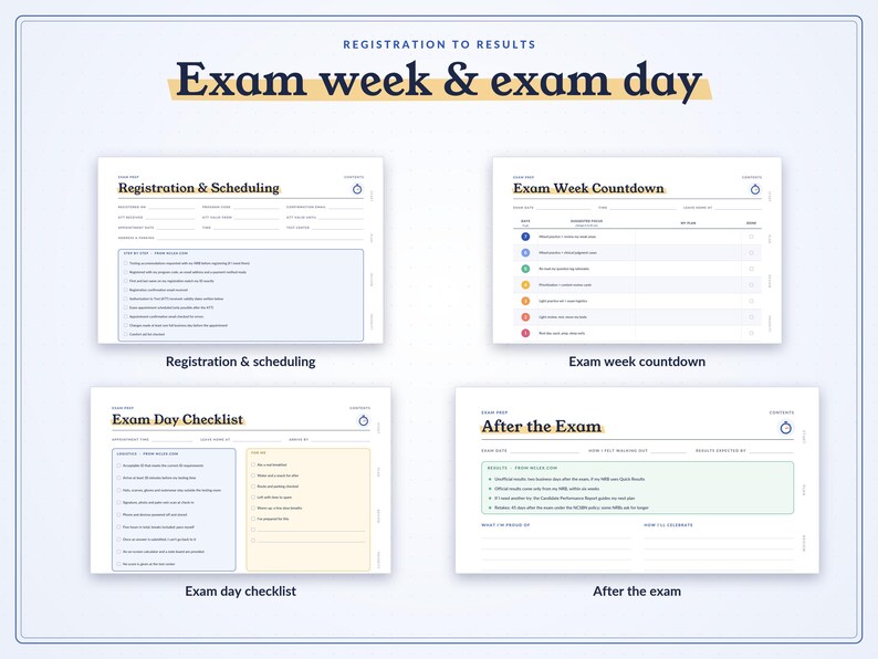 May include: A digital planner set titled Registration to Results featuring four pages: Registration & Scheduling, Exam Week Countdown, Exam Day Checklist, and After the Exam. Each page includes organized sections, checkboxes, and headers for tracking exam-related tasks and timelines.