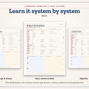 May include: Three educational study sheets titled Learn it system by system, featuring lists of combining forms for body systems including Lungs & Airways, Heart, Vessels & Blood, and Digestive System, with lined note sections.