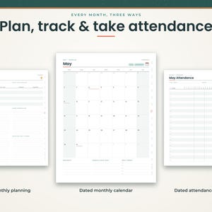 K&ouml;nnte beinhalten: Ein digitales Planer-Set bestehend aus drei wei&szlig;en Seiten mit schwarzem Text. Oben steht "Plan, track & take attendance". Die Seiten umfassen ein "May Planning"-Blatt, einen datierten "May"-Monatskalender und ein "May Attendance"-Blatt mit Raster.