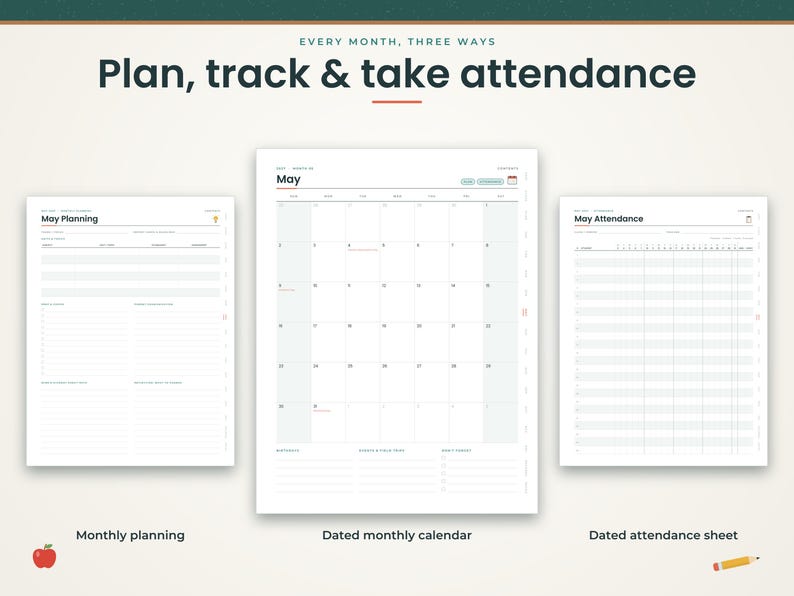 K&ouml;nnte beinhalten: Ein digitales Planer-Set bestehend aus drei wei&szlig;en Seiten mit schwarzem Text. Oben steht "Plan, track & take attendance". Die Seiten umfassen ein "May Planning"-Blatt, einen datierten "May"-Monatskalender und ein "May Attendance"-Blatt mit Raster.