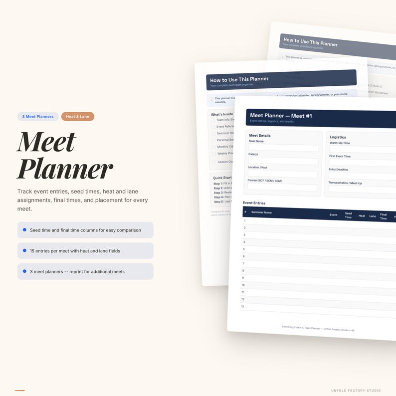 K&ouml;nnte beinhalten: Ein Meet Planner Dokumentenset mit dunkelblauen Kopfzeilen und wei&szlig;en Seiten. Der Text umfasst Meet Planner, How to Use This Planner, Meet Details, Logistics und Event Entries mit Spalten f&uuml;r Schwimmername, Event, Meldezeit, Lauf, Bahn und Endzeit.