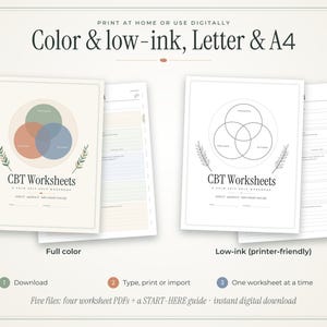 May include: Two versions of CBT Worksheets, one in full color and one in low-ink black and white. Each page features a Venn diagram, leaf illustrations, and the text CBT Worksheets. The top text reads Print at home or use digitally.
