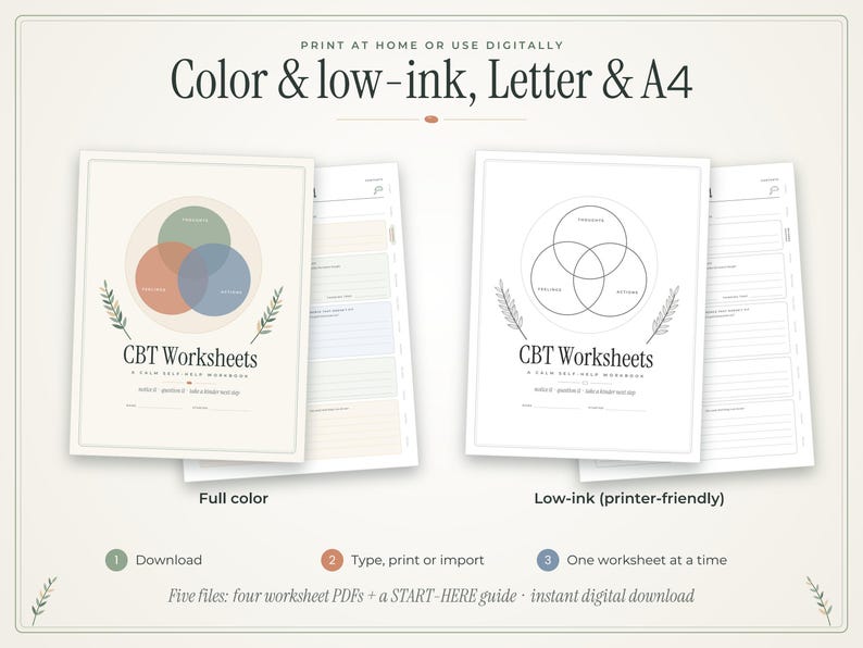 May include: Two versions of CBT Worksheets, one in full color and one in low-ink black and white. Each page features a Venn diagram, leaf illustrations, and the text CBT Worksheets. The top text reads Print at home or use digitally.