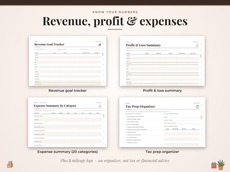May include: A digital financial planner template featuring four distinct sections: Revenue Goal Tracker, Profit & Loss Summary, Expense Summary by Category, and Tax Prep Organizer. The layout uses a clean, white background with dark text.