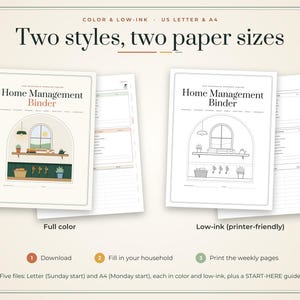Puede incluir: Un conjunto de carpetas digitales de gesti&oacute;n del hogar en dos estilos: a todo color y de bajo consumo de tinta. Incluye tama&ntilde;os US Letter y A4. La portada muestra una ventana, un estante con plantas y el texto Home Management Binder.
